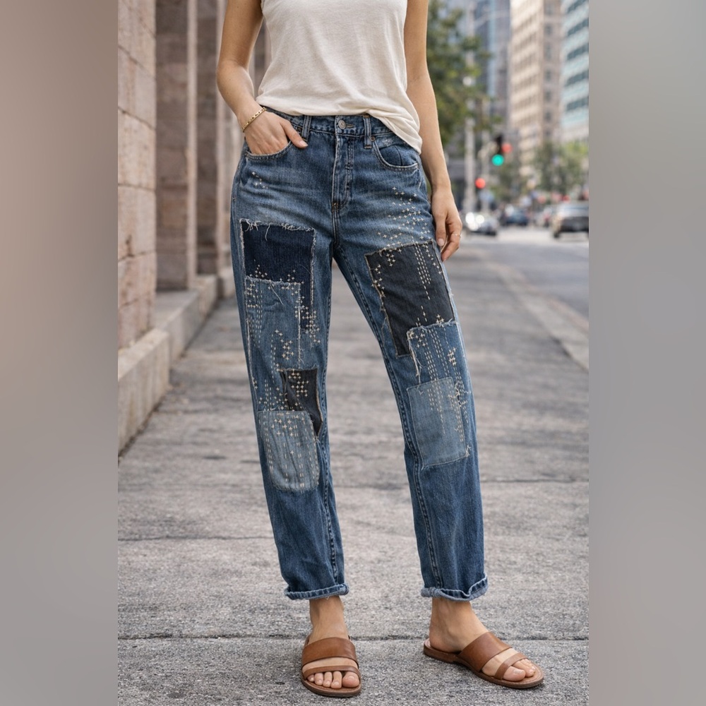 Free People High-Rise Patchwork Jeans in Denim Blue